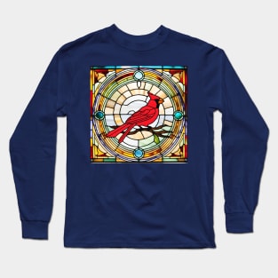 Cardinal in Concentric Circles Stained Glass Long Sleeve T-Shirt